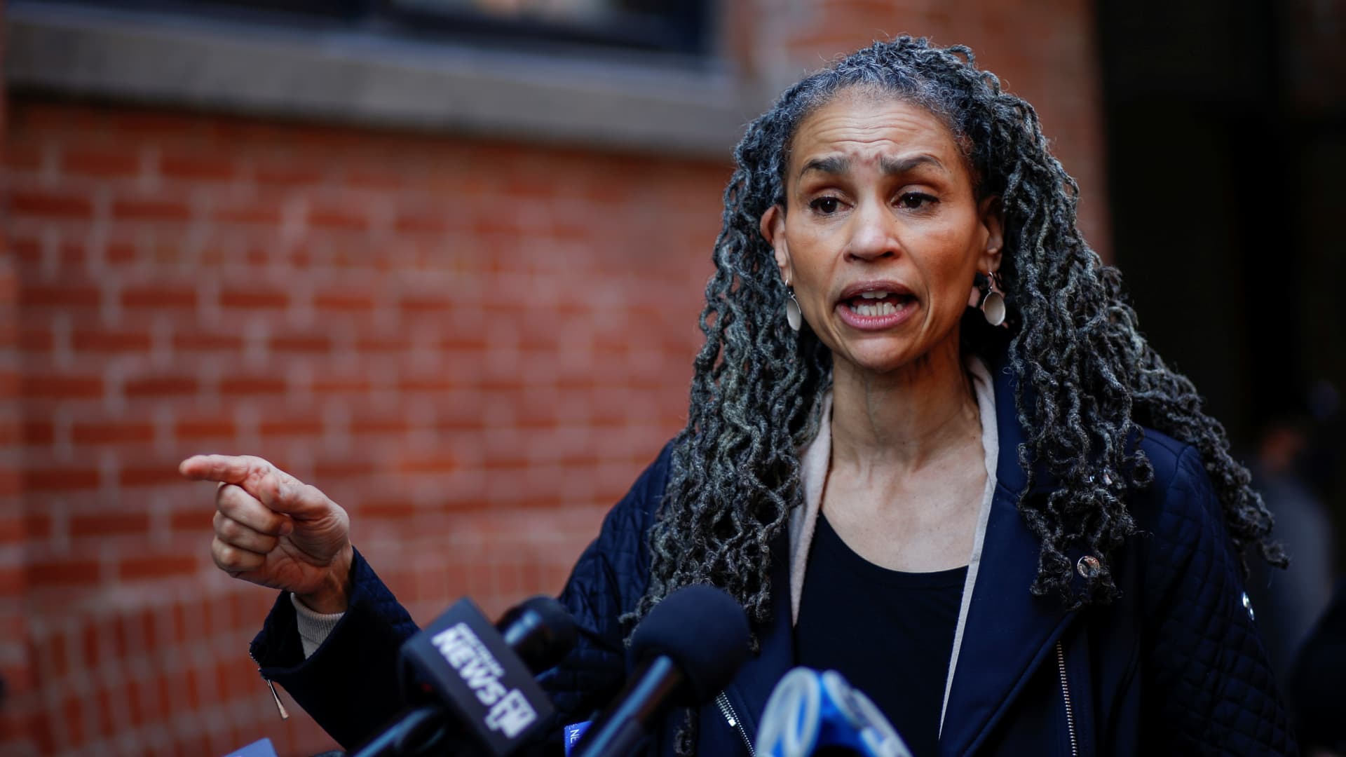 Maya Wiley, a Democratic candidate for mayor of New York City, speaks during a news conference with Andrew Yang, who also runs for the post, as they campaign in Brooklyn, New York, March 11, 2021.