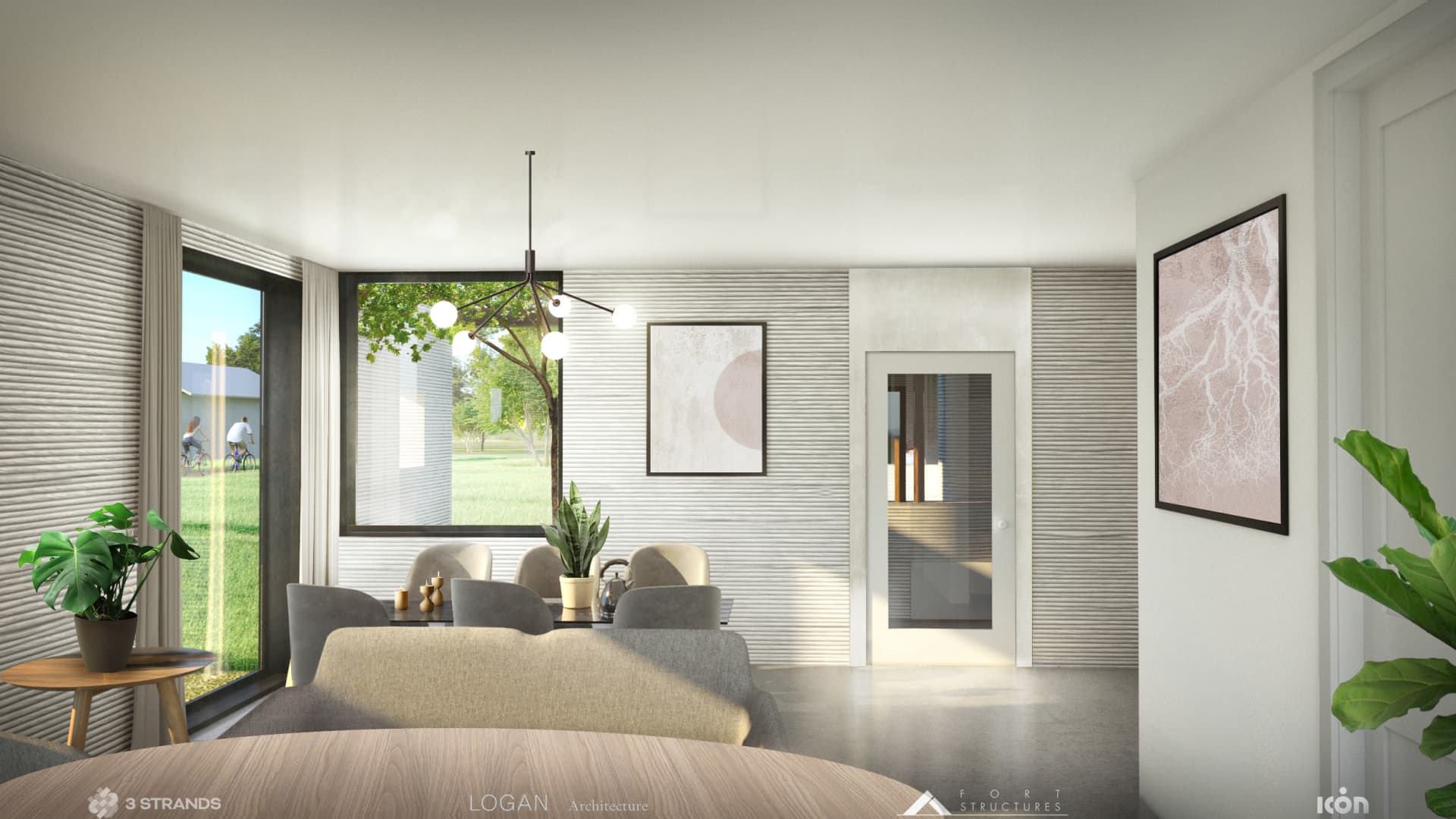 A rendering of 3D printed home interior by 3Strands and ICON.