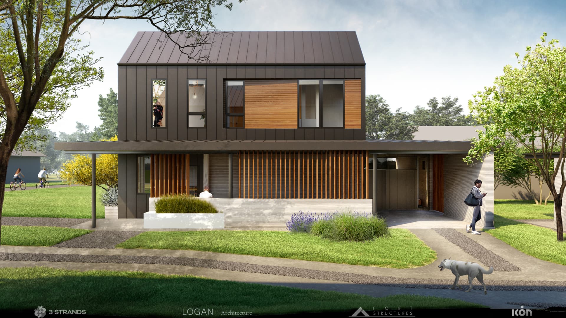 A rendering of a 3D printed home construction by 3Strands and ICON in Austin, Texas.