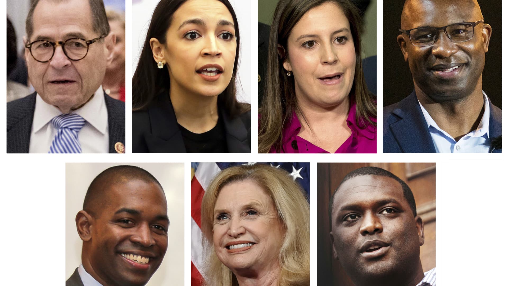 This combo of file photos show New York's U.S. Representatives, top row from left, Jerrold Nadler, D-N.Y. Alexandria Ocasio-Cortez, D-NY; U.S. Rep. Elise Stefanik, R-NY; and U.S. Rep. Jamaal Bowman, D-NY. Bottom row, from left, U.S. Rep. Antonio Delgado, D-NY; U.S. Rep. Carolyn Maloney, D-NY; and U.S. Rep. Mondaire Jones, D-NY. Multiple members of New York's congressional delegation on Friday, March 12, 2021, called on Gov. Andrew Cuomo to resign.