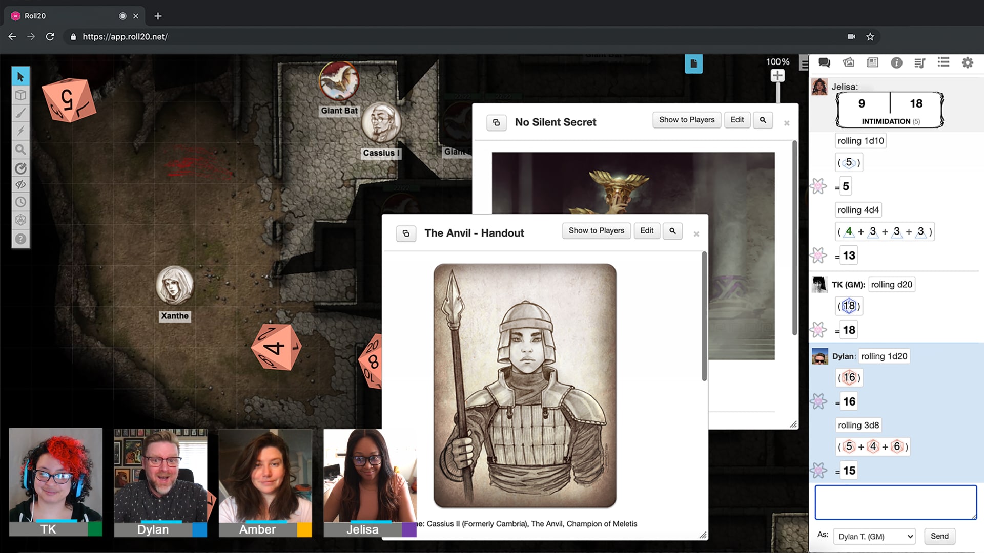 A screenshot of Dungeons & Dragons gameplay on Roll20.