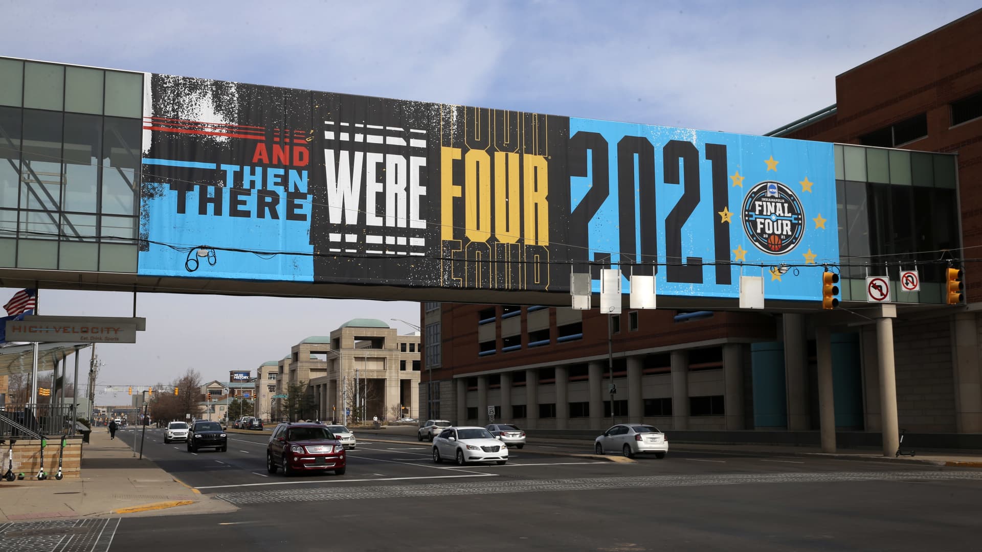 Signage on display to commemorate March Madness and the 2021 NCAA Men's Final Four as seen on March 9, 2021 in Indianapolis, IN.