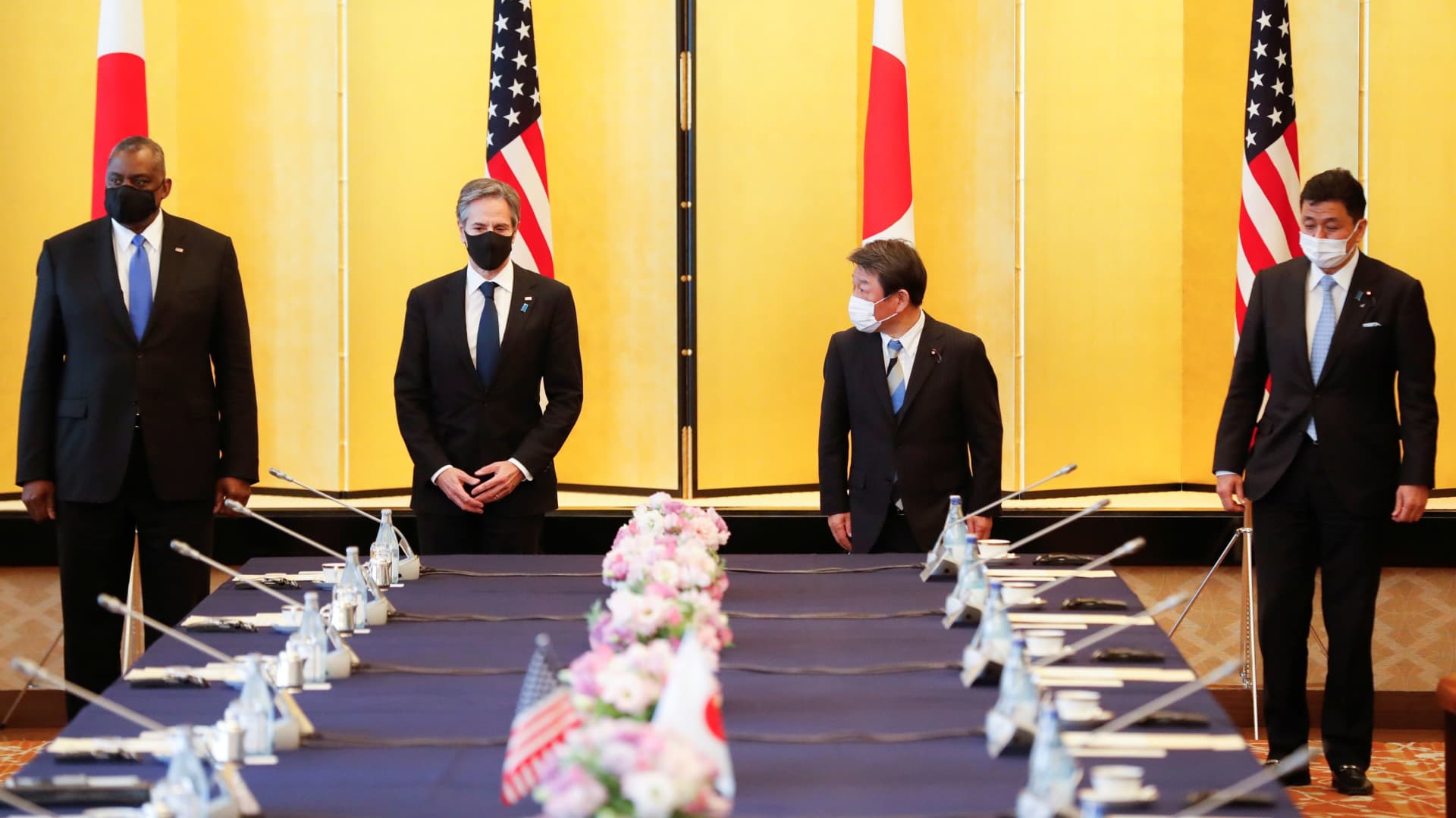 U.S. Secretary of State Antony Blinken, U.S. Defense Secretary Lloyd Austin, Japan's Foreign Minister Toshimitsu Motegi and Japan's Defence Minister Nobuo Kishi attend the 2+2 Meeting at Iikura Guest House in Tokyo, Japan, March 16, 2021.