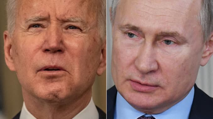 This combination of pictures created on March 17, 2021 shows US President Joe Biden(L) during remarks on the implementation of the American Rescue Plan in the State Dining room of the White House in Washington, DC on March 15, 2021, and Russia's President