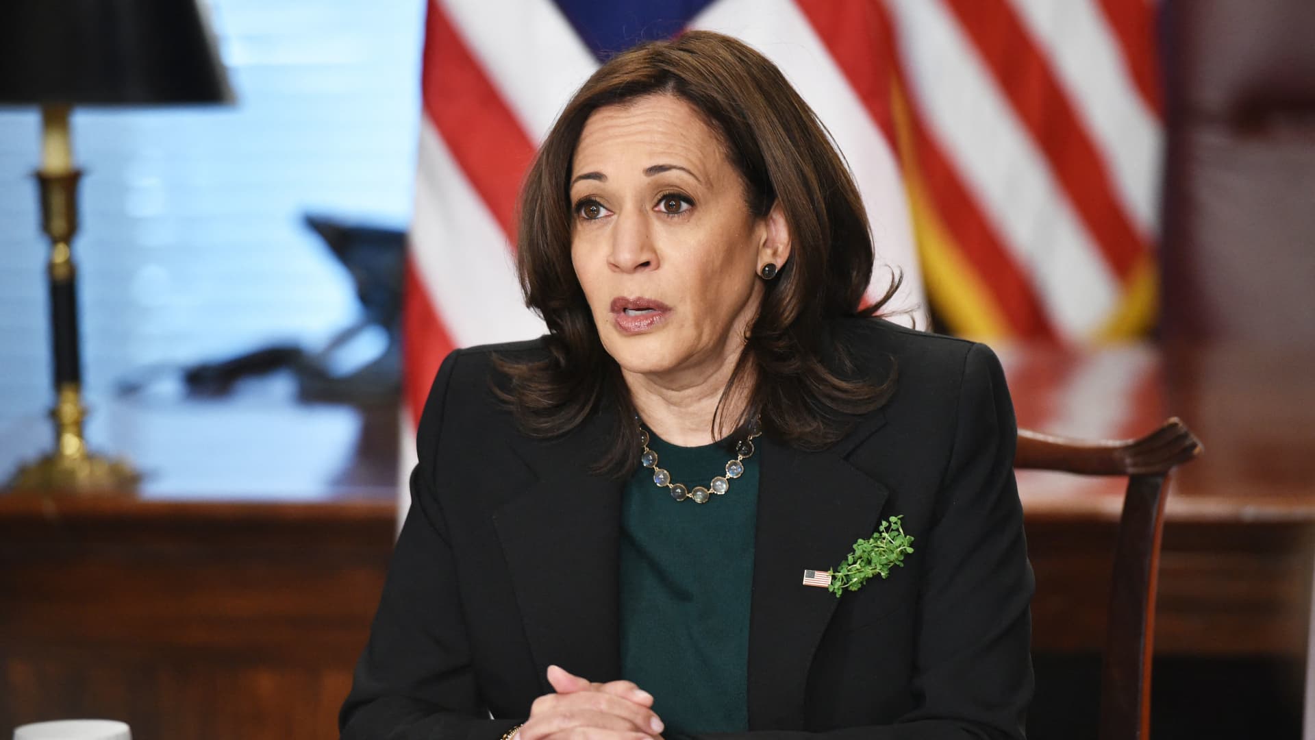 Vice President Kamala Harris speaks on the Atlanta area shootings before a virtual bilateral meeting with Ireland's Prime Minister Micheal Martin in the Vice President's Ceremonial Office in the Eisenhower Executive Office Building, next to the White House in Washington, DC on March 17, 2021.