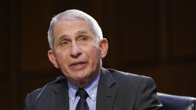 Dr. Anthony Fauci, director of the National Institute of Allergy and Infectious Diseases, testifies during a Senate Health, Education, Labor and Pensions Committee hearing on the federal coronavirus response on Capitol Hill on March 18, 2021 in Washington