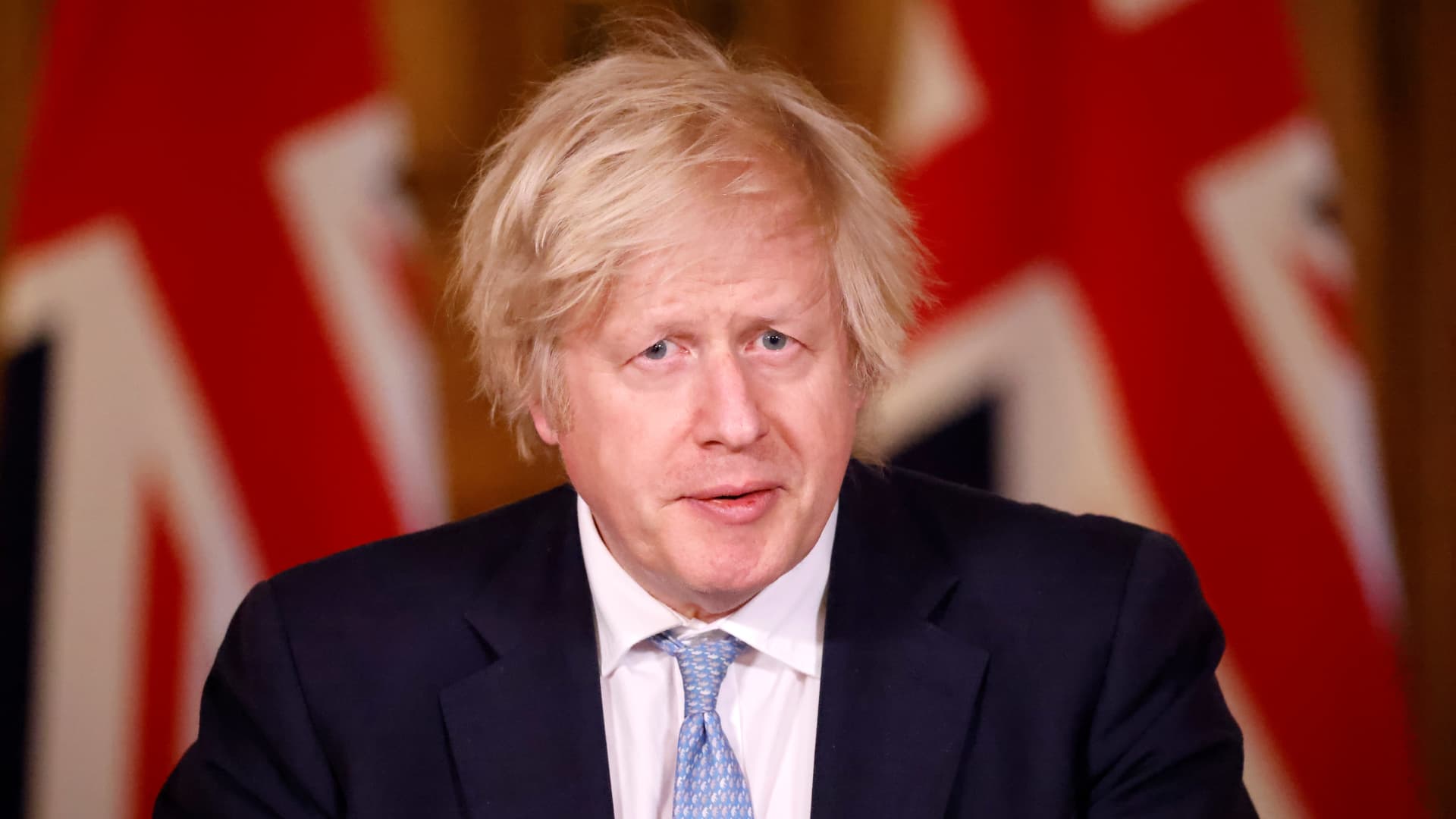 Prime Minister Boris Johnson gives an update on the coronavirus Covid-19 pandemic during a virtual press conference inside 10 Downing Street on March 18, 2021 in London, England.