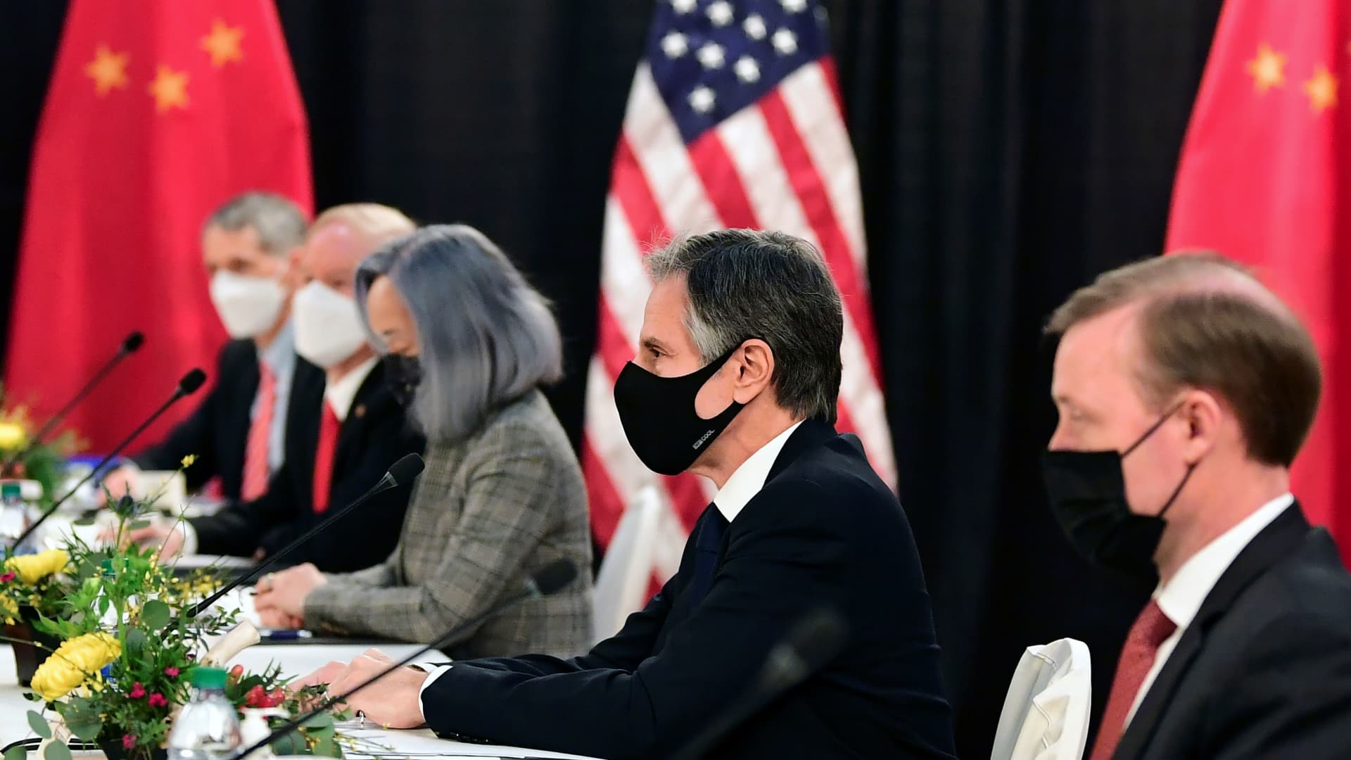 The U.S. delegation led by Secretary of State Antony Blinken (C) and flanked by National Security Advisor Jake Sullivan (R), face their Chinese counterparts at the opening session of U.S.-China talks at the Captain Cook Hotel in Anchorage, Alaska on March 18, 2021.