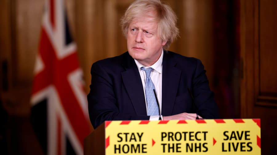 Britain's Prime Minister Boris Johnson gives an update on the coronavirus disease (COVID-19) pandemic during a virtual news conference inside 10 Downing Street, in central London, Britain, March 18, 2021.