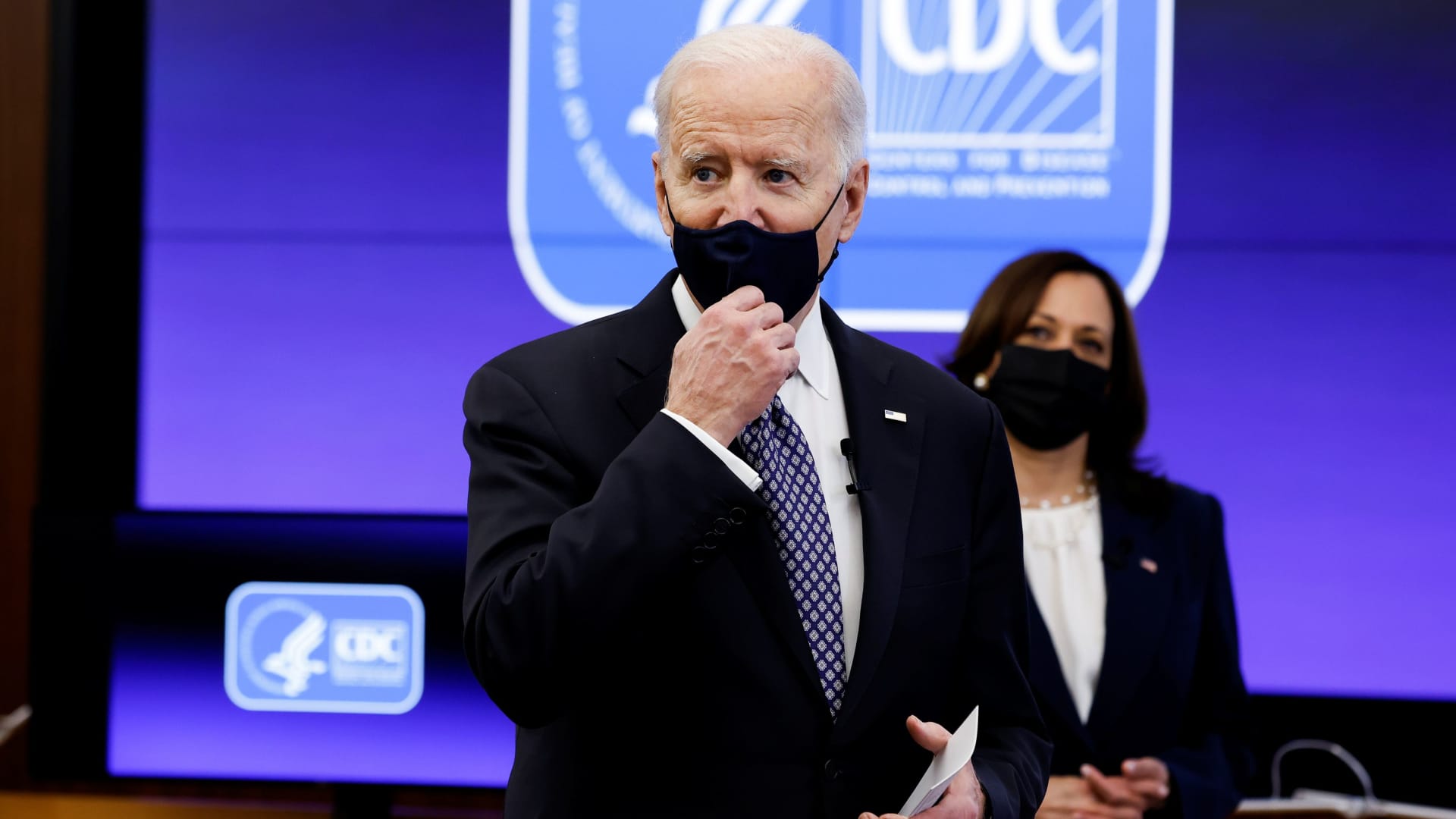 U.S. President Joe Biden and Vice President Kamala Harris receive an update on the fight against the coronavirus disease (COVID-19) pandemic as they visit the Centers for Disease Control and Prevention (CDC) in Atlanta, Georgia, March 19, 2021.