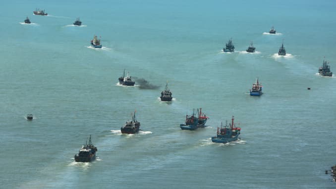 Chinese fishing boats set sail into the South China Sea, here seen on August 16, 2020.