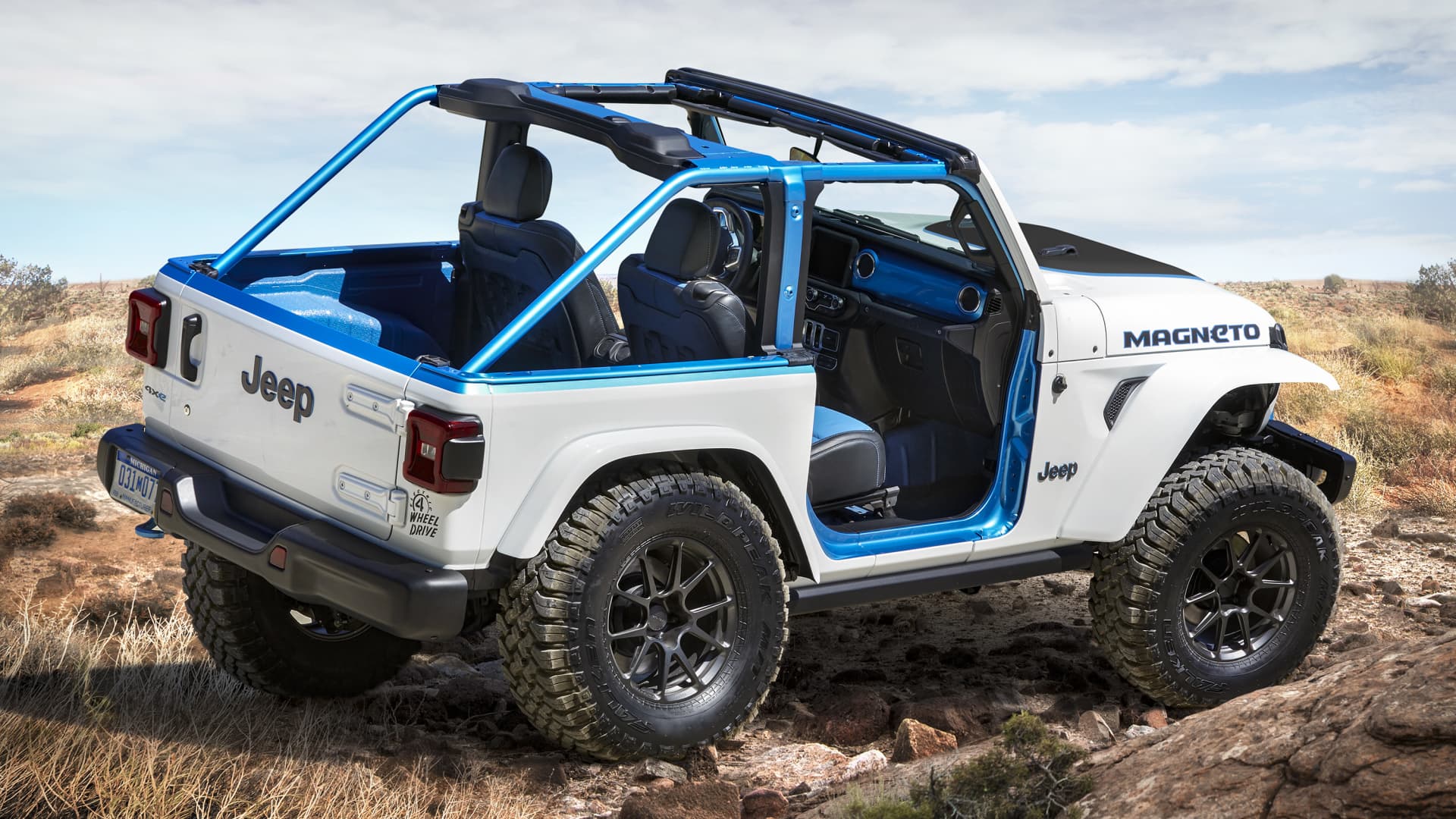 The Jeep Wrangler Magneto concept is a fully electric SUV based on a two-door 2020 Jeep Wrangler Rubicon.