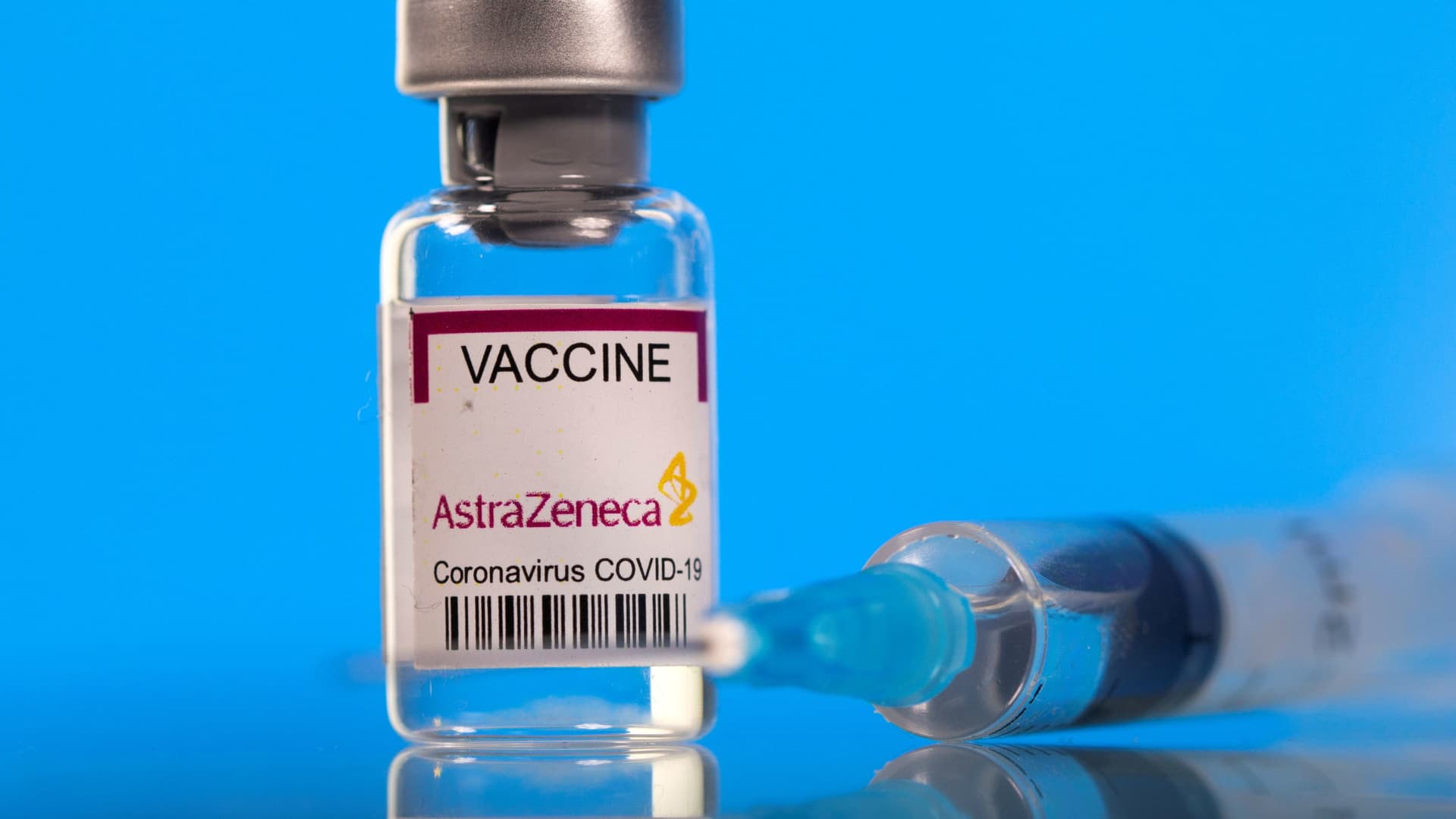 A vial labelled with the AstraZeneca coronavirus disease (COVID-19) vaccine is seen in this illustration picture taken March 19, 2021.