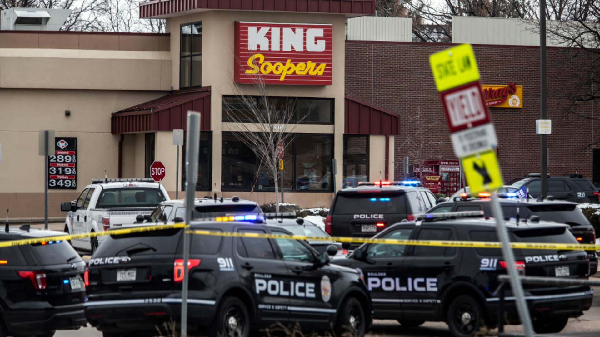 Police respond at a King Sooper's grocery store where a gunman opened fire on March 22, 2021 in Boulder, Colorado. Ten people, including a police officer, were killed in the attack.