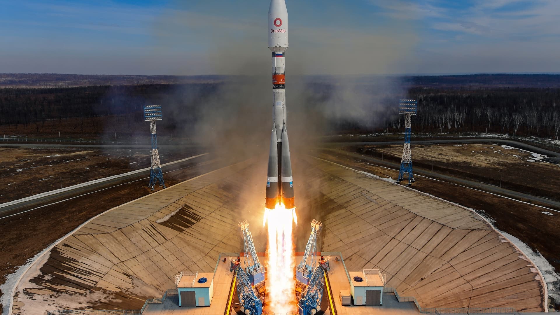 A Soyuz 2 rocket launches 36 OneWeb satellites on March 25, 2020 from Vostochny Cosmodrome, Russia.