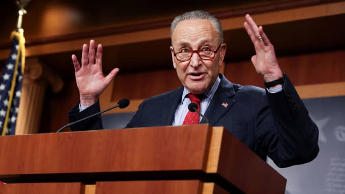 U.S. Senate Majority Leader Chuck Schumer (D-NY) touts Senate Democrats legislative accomplishments as he holds a news conference at the U.S. Capitol in Washington, March 25, 2021.