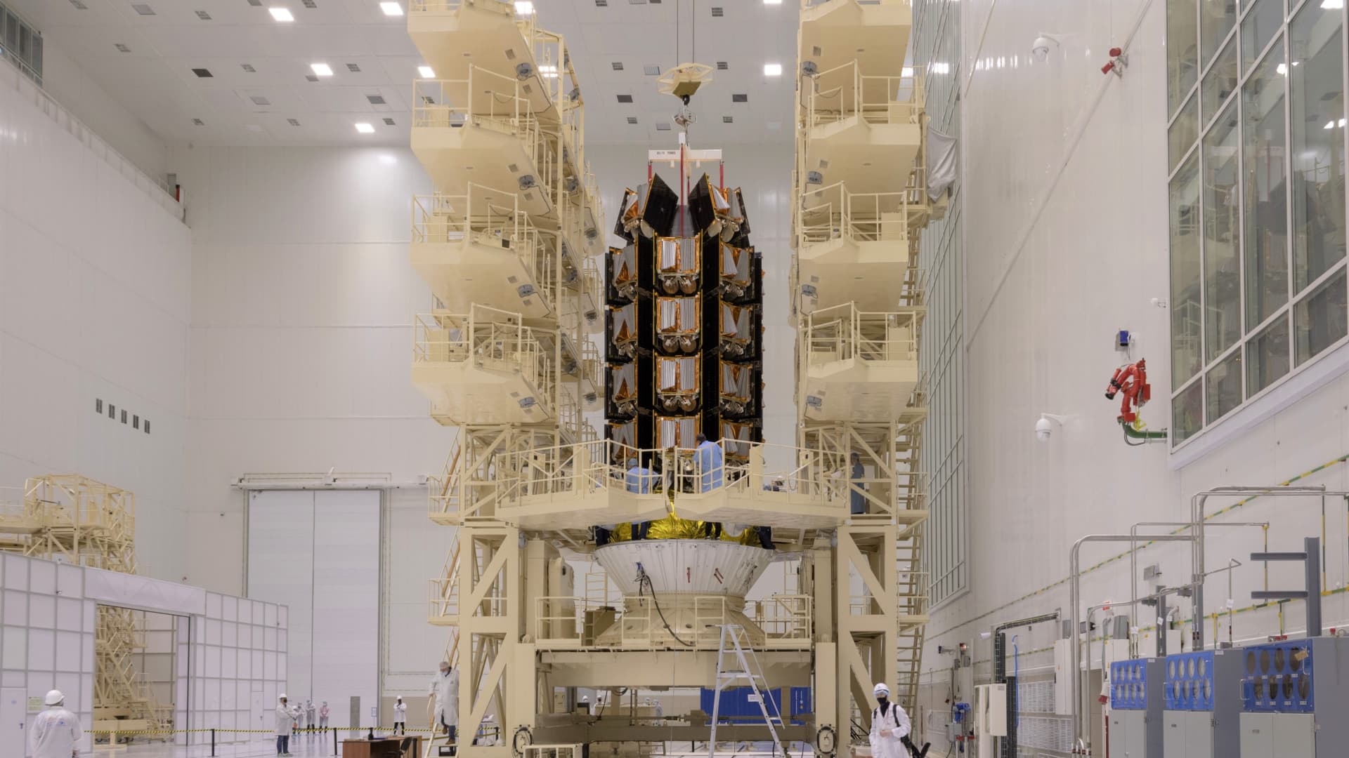 A stack of 36 OneWeb satellites being prepared ahead of its launch on March 25, 2020.