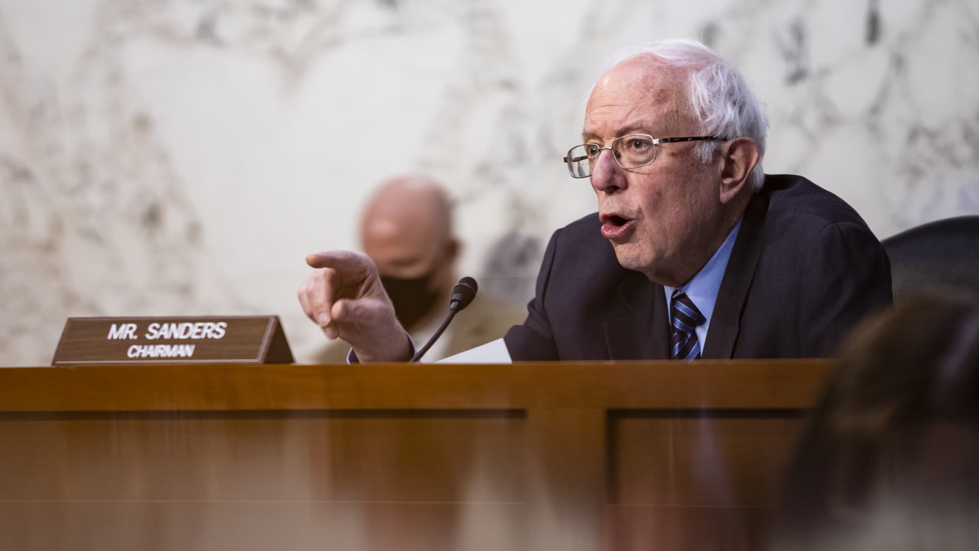 Senator Bernie Sanders, an independent from Vermont and chairman of the Senate Budget Committee, speaks during a hearing in Washington, D.C., U.S., on Wednesday, March 17, 2021.