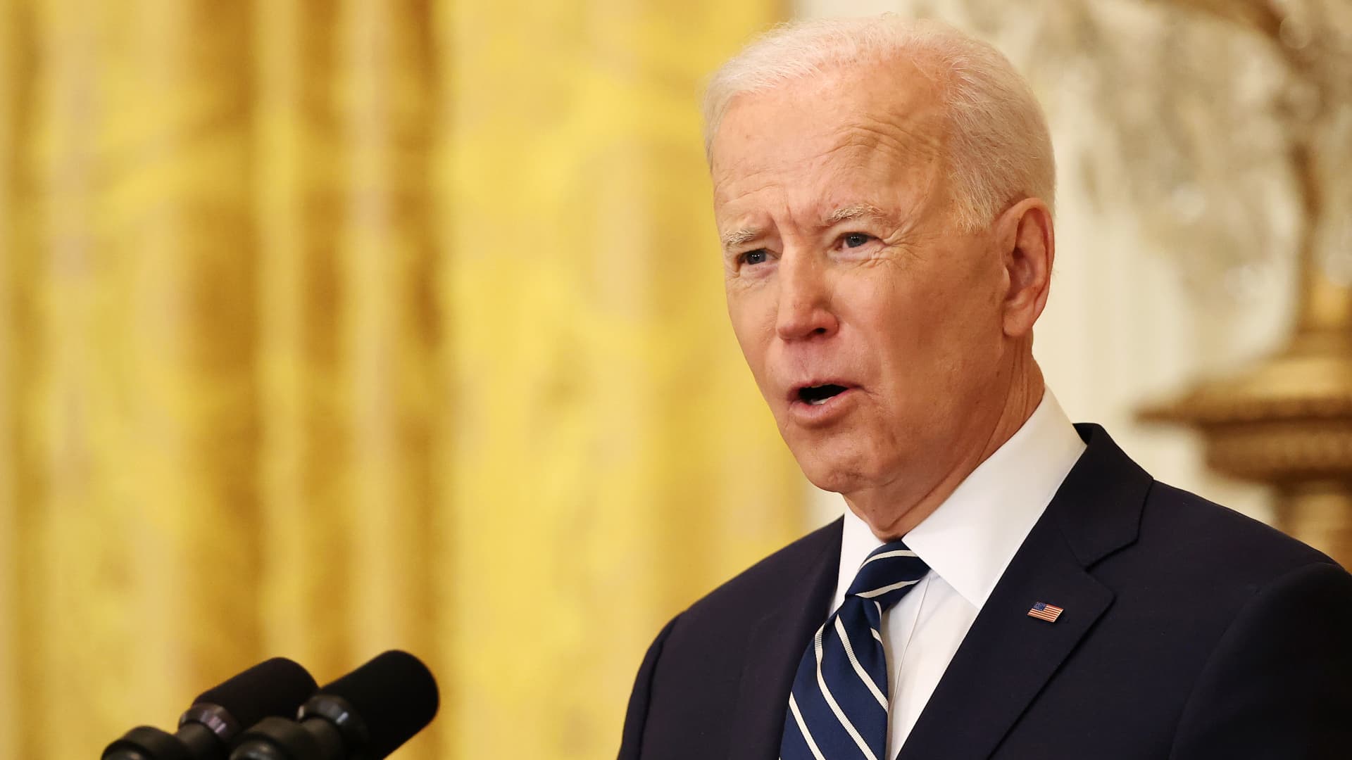 President Joe Biden talks to reporters during the first news conference of his presidency in the East Room of the White House on March 25, 2021 in Washington, DC.