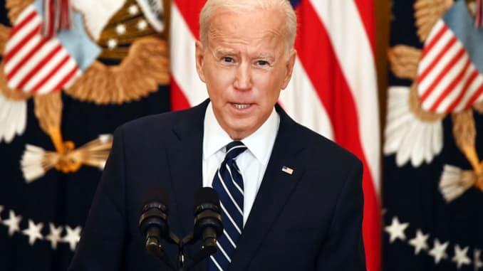 President Joe Biden speaks during his first press briefing in the East Room of the White House in Washington, DC, on March 25, 2021.