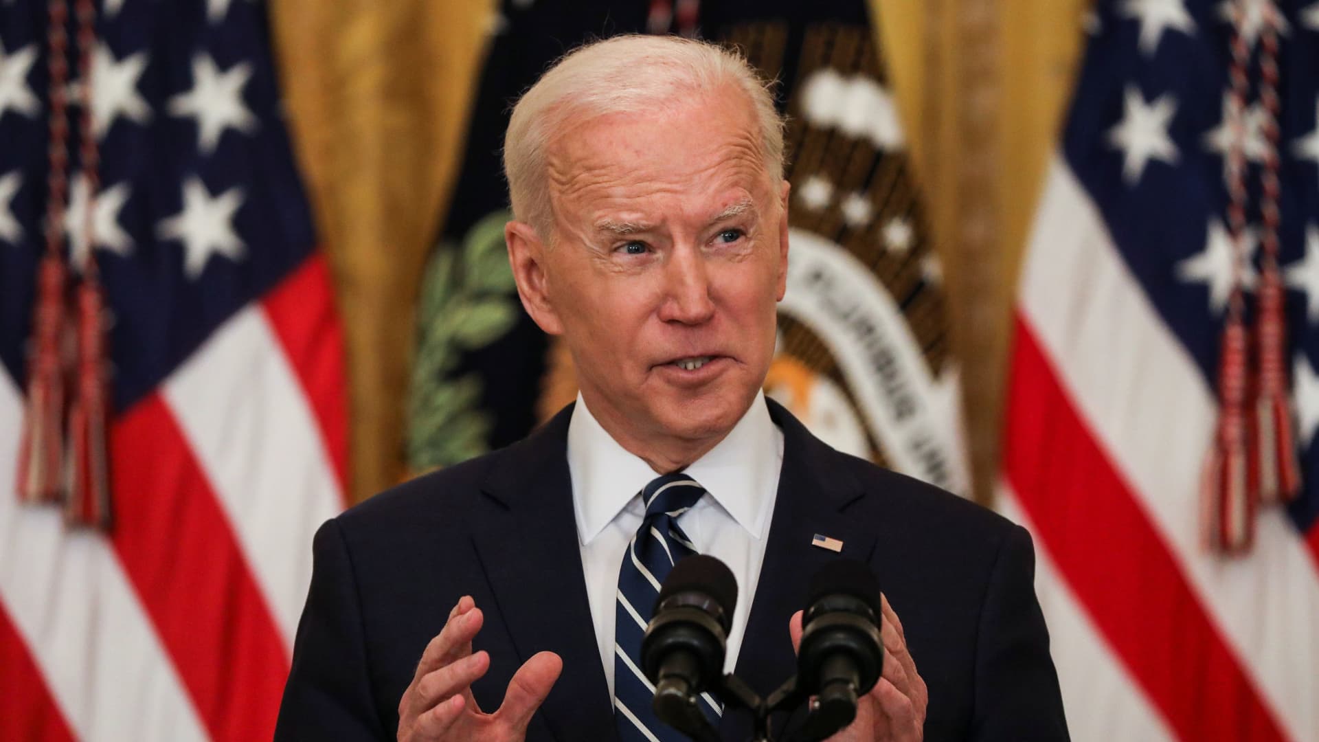 President Joe Biden holds his first formal news conference in the East Room of the White House in Washington, U.S., March 25, 2021.