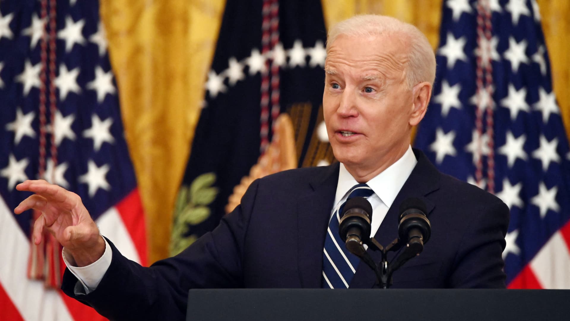 President Joe Biden answers a question during his first press briefing in the East Room of the White House in Washington, DC, on March 25, 2021.