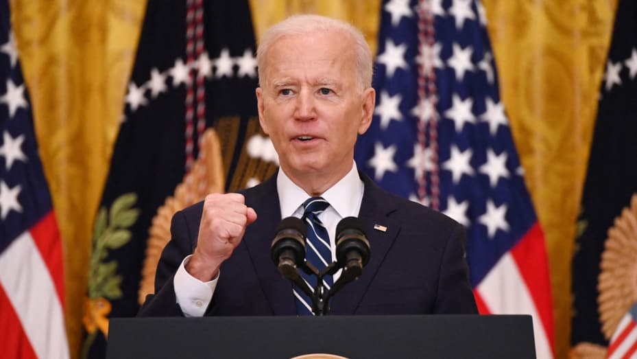 President Joe Biden answers a question during his first press briefing in the East Room of the White House in Washington, DC, on March 25, 2021.