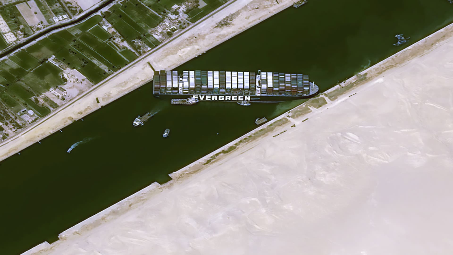 A satellite image shows stranded container ship Ever Given after it ran aground in Suez Canal, Egypt March 25, 2021.