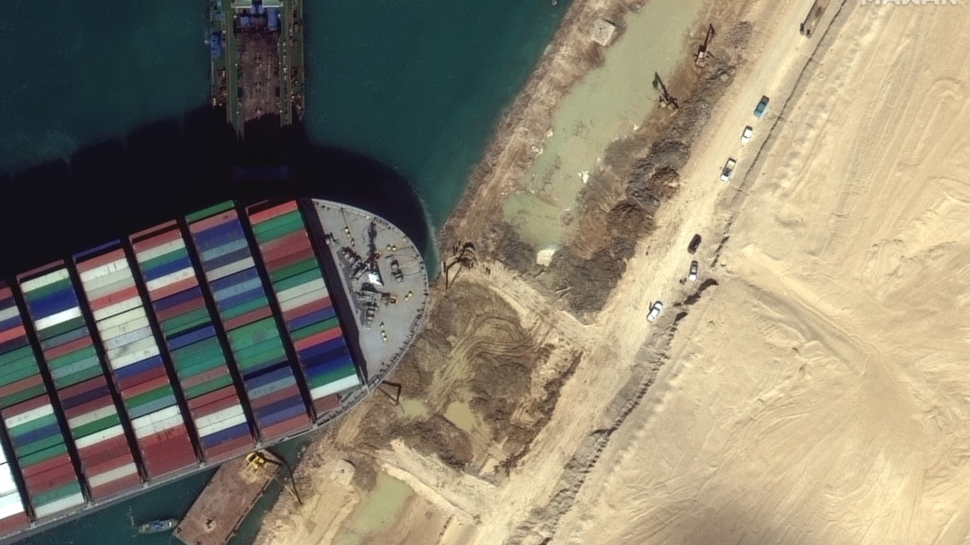 Close up imagery of the dredging operations underway around the Ever Given in the Suez Canal, captured by the company's WorldView-3 satellite on Saturday, March 27, 2021.