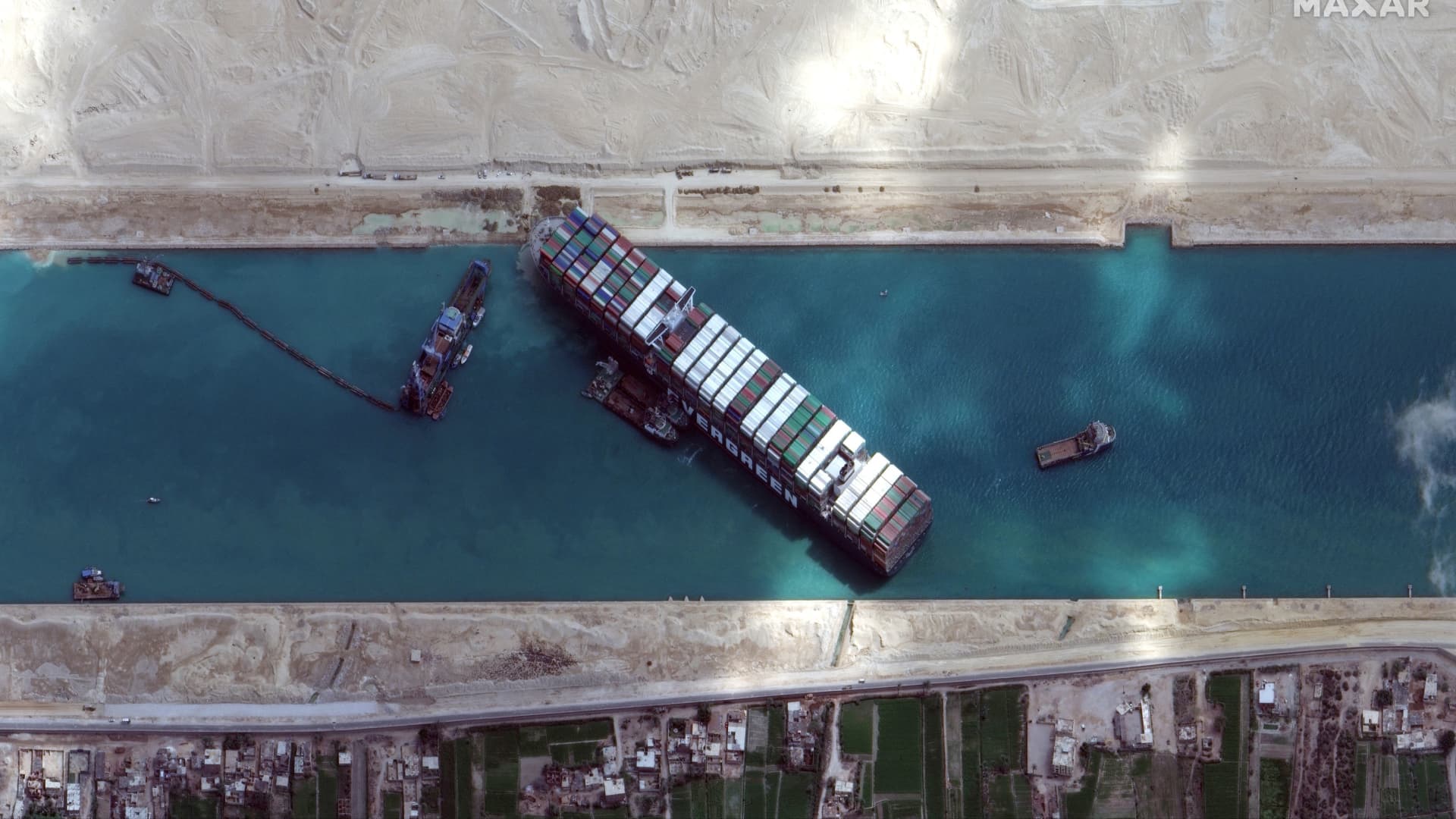 A view shows Ever Given container ship in Suez Canal in this Maxar Technologies satellite image taken on March 28, 2021.