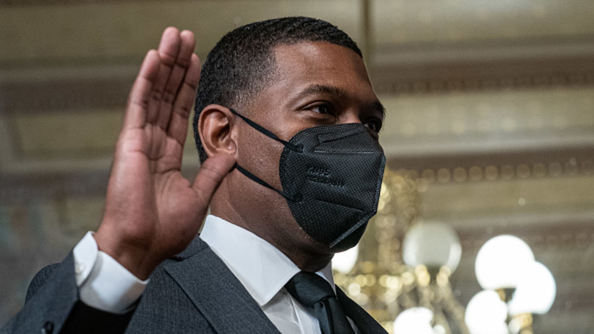 Michael Regan, administrator of the Environmental Protection Agency (EPA), wears a protective mask while being sworn in during a ceremony in Washington, D.C., on Wednesday, March 17, 2021.