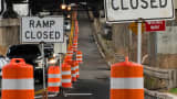 A street is closed due to work in the road in Jersey City, New Jersey, U.S. March 31, 2021.