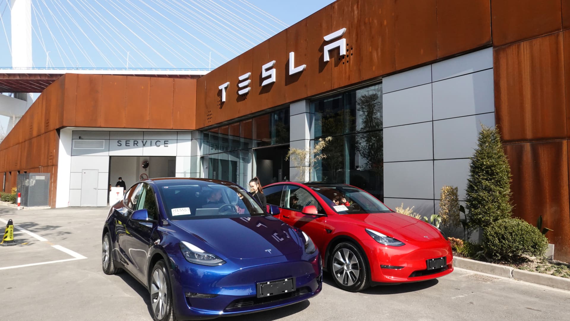 Tesla's Model Y compact crossover vehicles at a showroom in Shanghai, China, on January 18, 2021.