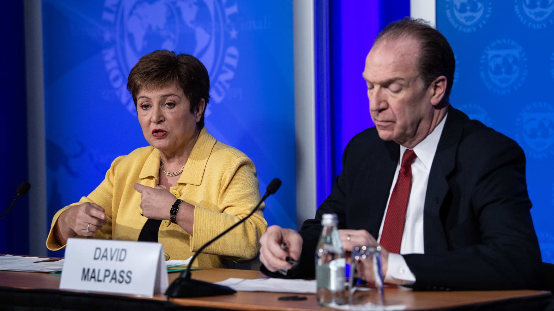 IMF Managing Director Kristalina Georgieva (L) speaks at a press briefing with World Bank Group President David Malpass on COVID-19 in Washington, DC, on March 4, 2020.