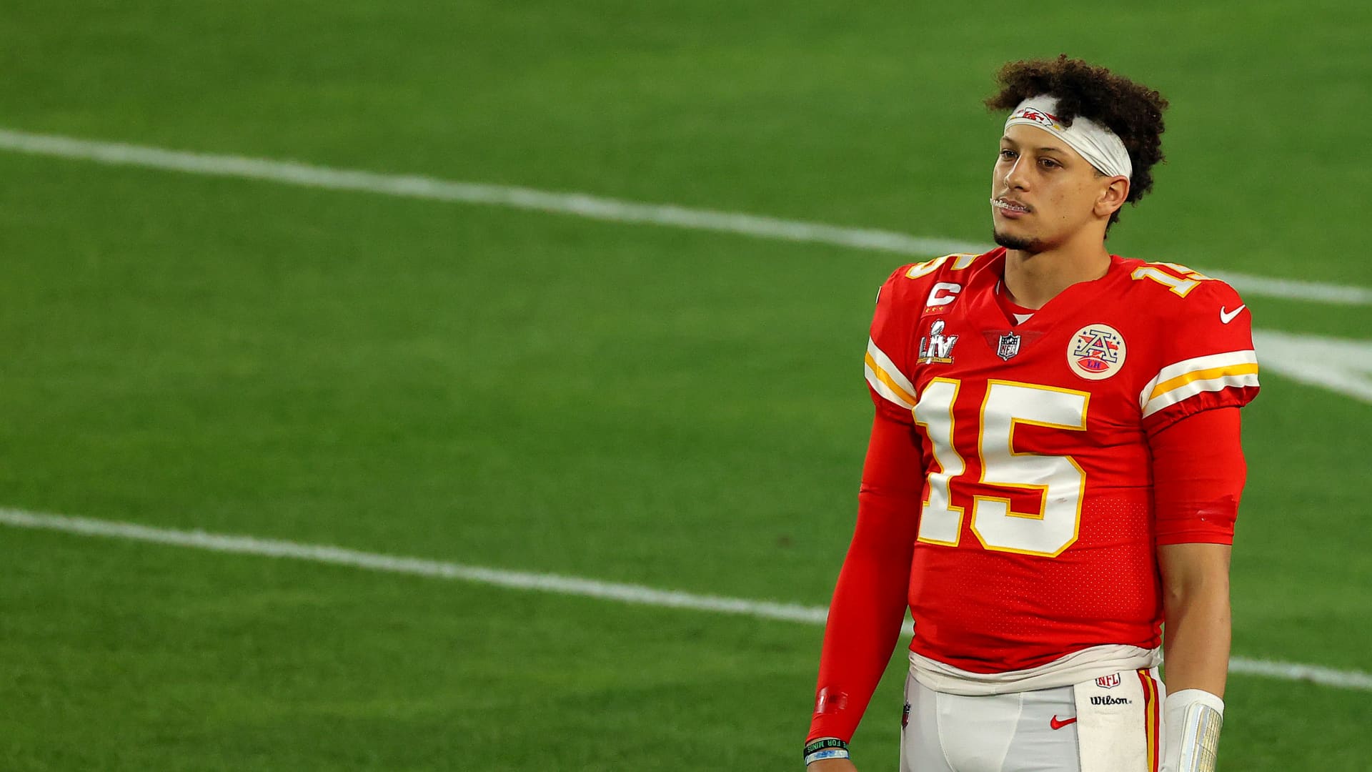 Patrick Mahomes #15 of the Kansas City Chiefs looks on before Super Bowl LV against the Tampa Bay Buccaneers at Raymond James Stadium on February 07, 2021 in Tampa, Florida.