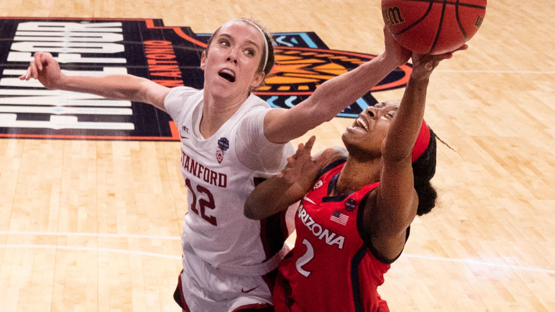 Lexie Hull #12 of the Stanford Cardinal blocks the shot of Aari McDonald #2 of the Arizona Wildcats in the championship game of the NCAA Womens Basketball Tournament at Alamodome on April 4, 2021 in San Antonio, Texas.