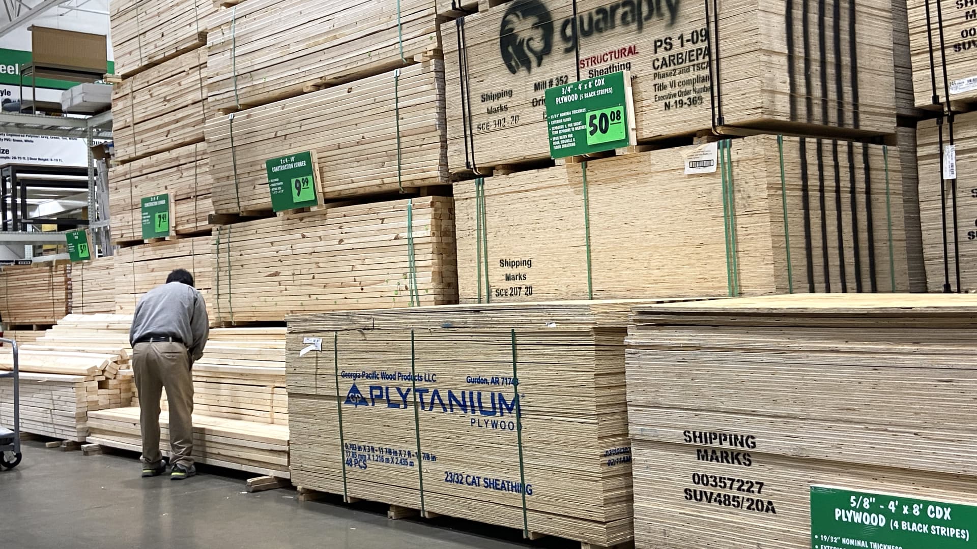 Stacks of lumber are offered for sale at a home center on April 05, 2021 in Chicago, Illinois.