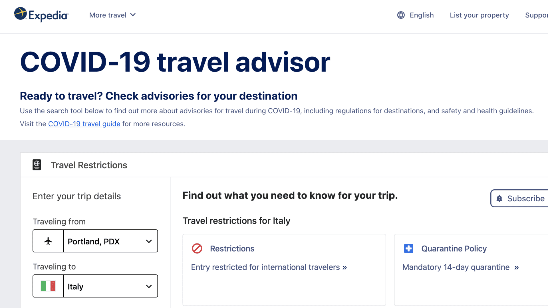 Expedia Group on April 8, 2021 introduced the COVID-19 Travel Advisor, a tech-enabled tool that provides consumers with current details about travel restrictions worldwide.