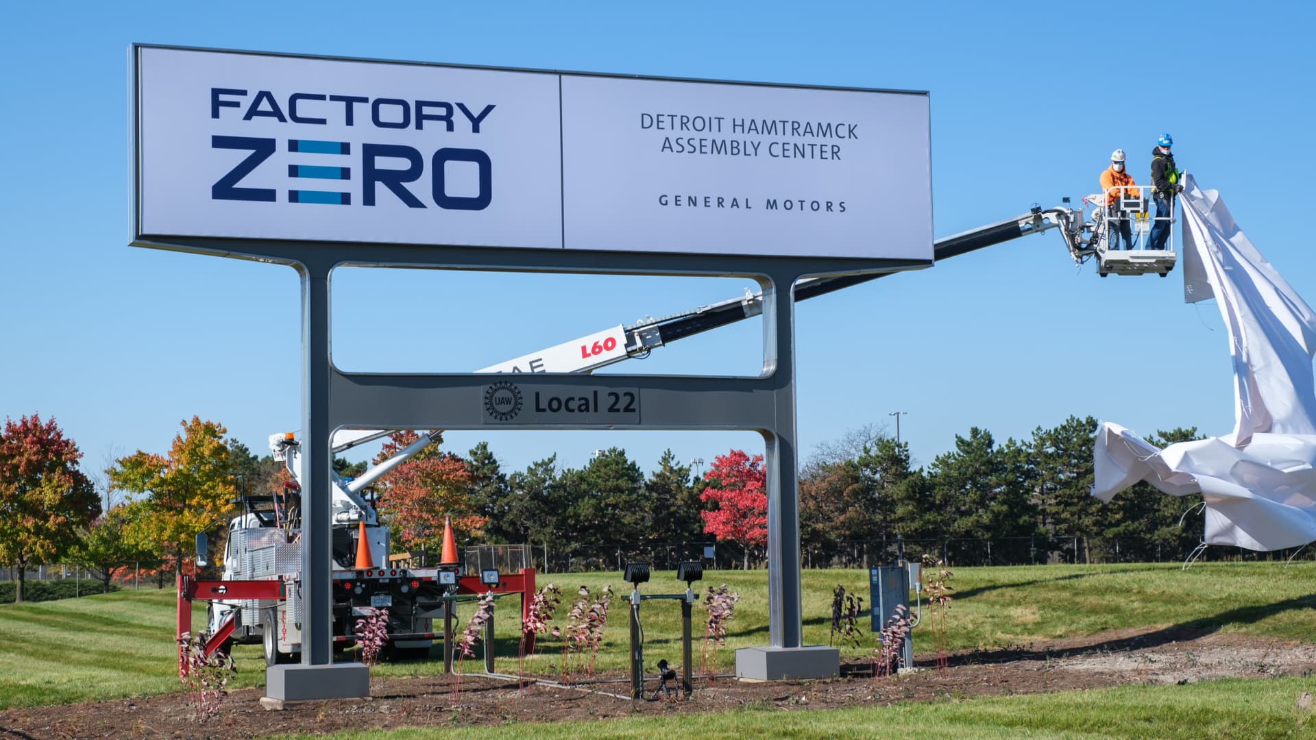 A sign is unveiled at General Motors Detroit-Hamtramck Assembly on Oct. 16, 2020, introducing the facility's new name: Factory Zero, Detroit-Hamtramck Assembly Center.