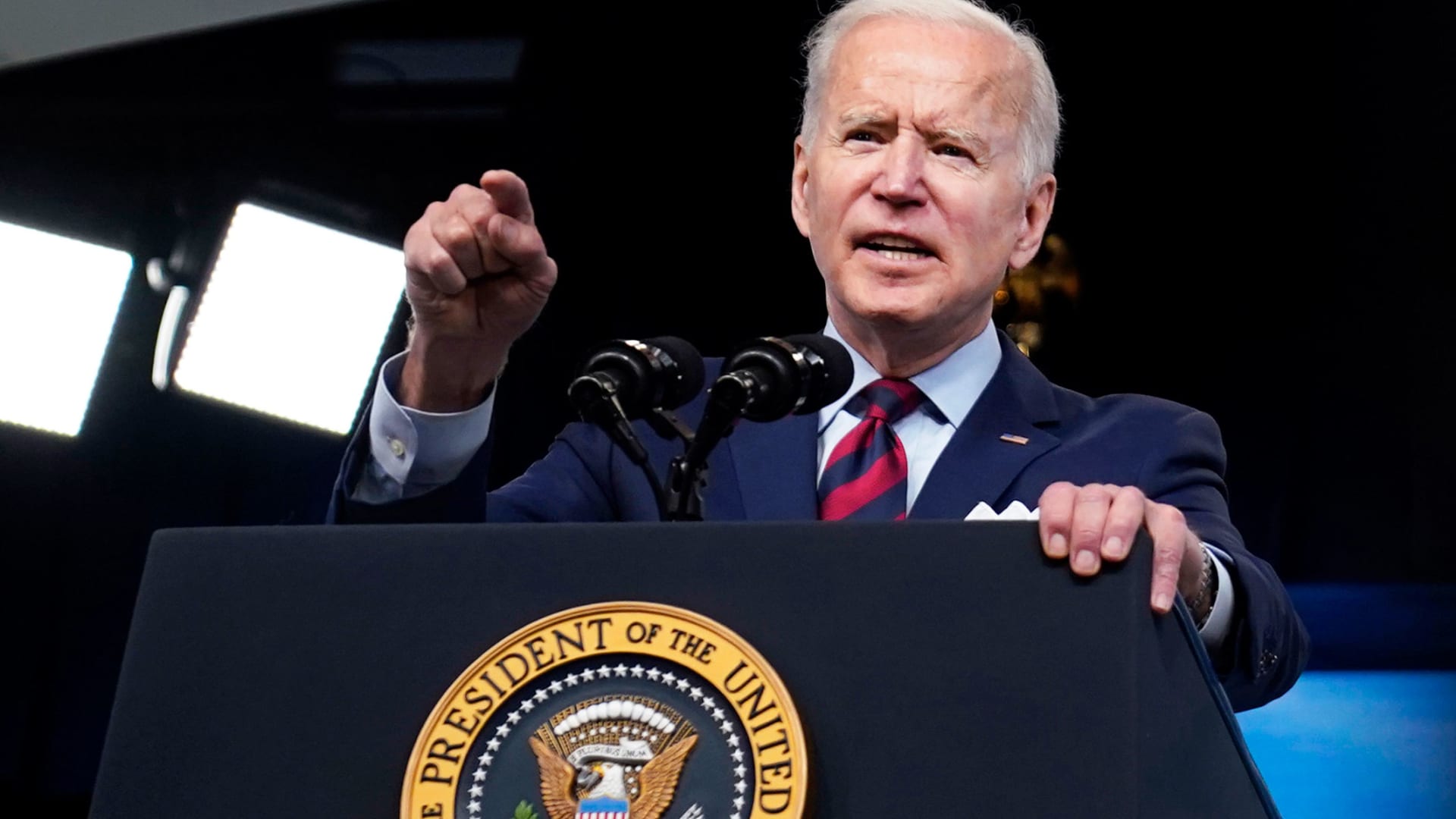 President Joe Biden speaks during an event on the American Jobs Plan in the South Court Auditorium on the White House campus, Wednesday, April 7, 2021, in Washington.