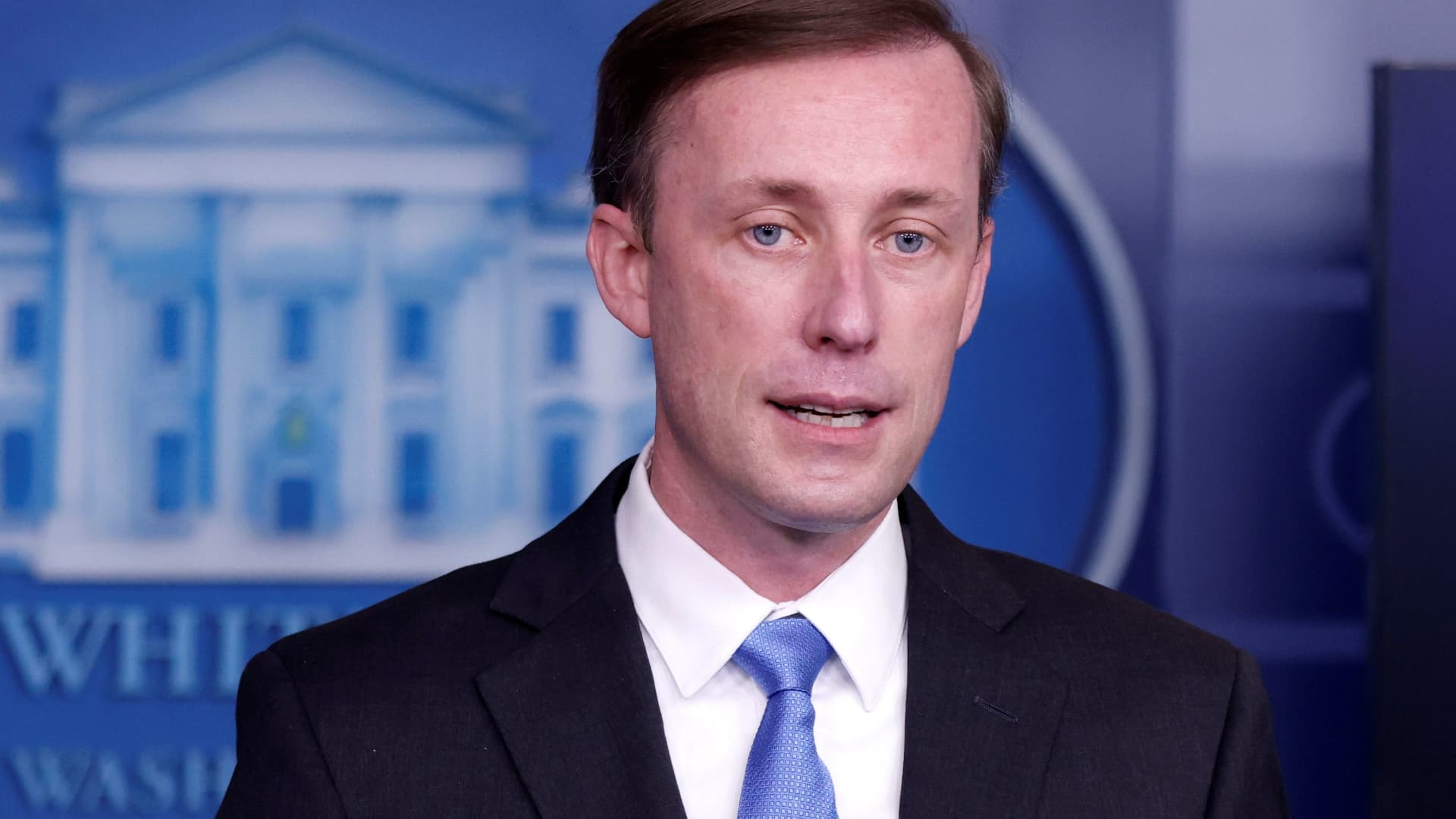 White House National Security Advisor Jake Sullivan delivers remarks during a press briefing inside the White House in Washington, February 4, 2021.