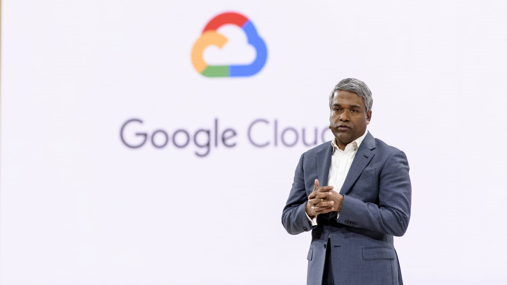 Thomas Kurian, chief executive officer of cloud services at Google LLC, speaks during the Google Cloud Next '19 event in San Francisco, California, U.S., on Tuesday, April 9, 2019. The conference brings together industry experts to discuss the future of cloud computing.