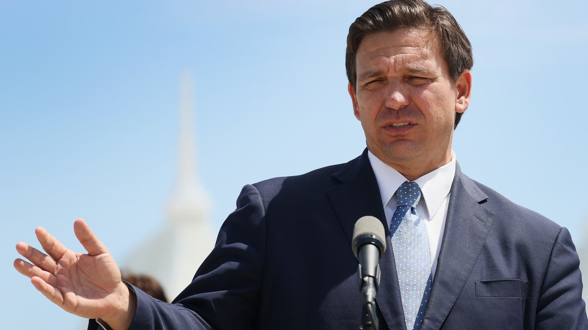 Florida Gov. Ron DeSantis speaks to the media about the cruise industry during a press conference at PortMiami on April 08, 2021 in Miami, Florida.