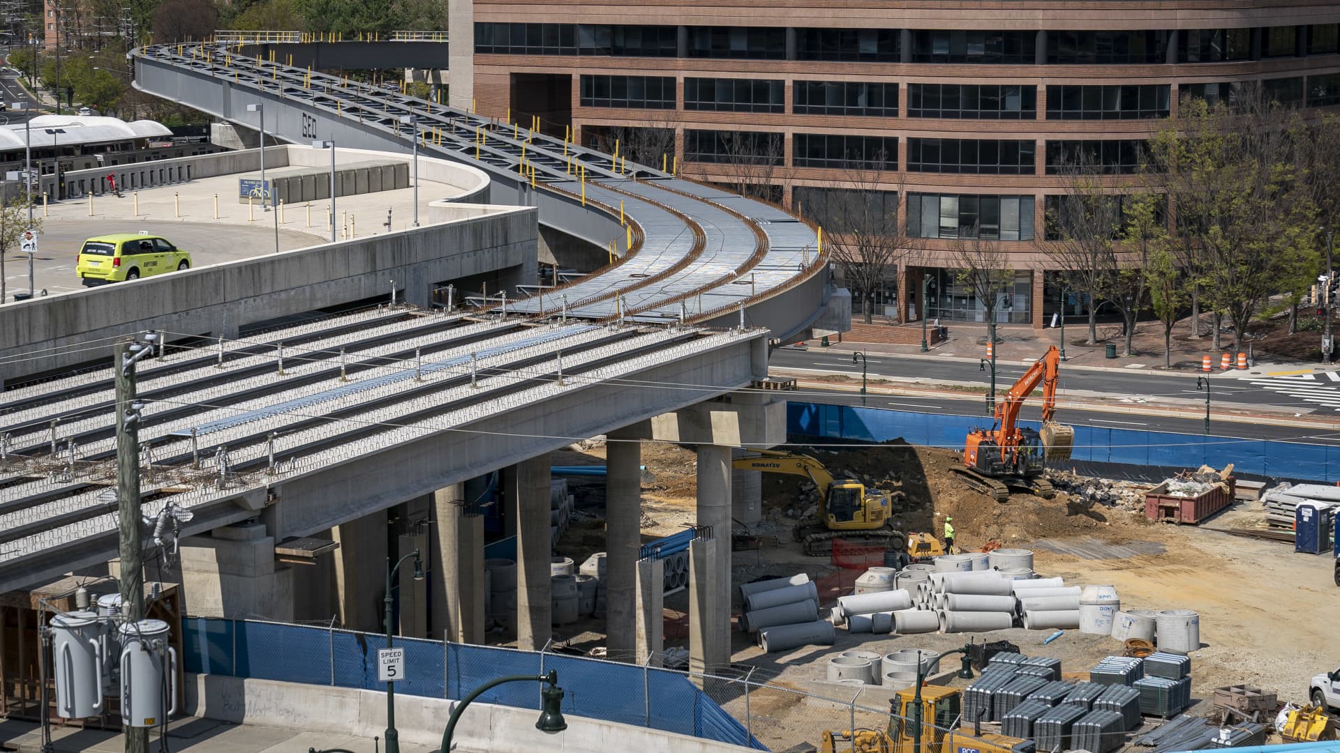 Construction continues near unfinished Purple Line rail tracks at the Paul Sarbanes Transit Center on April 8, 2021 in Silver Spring, Maryland.