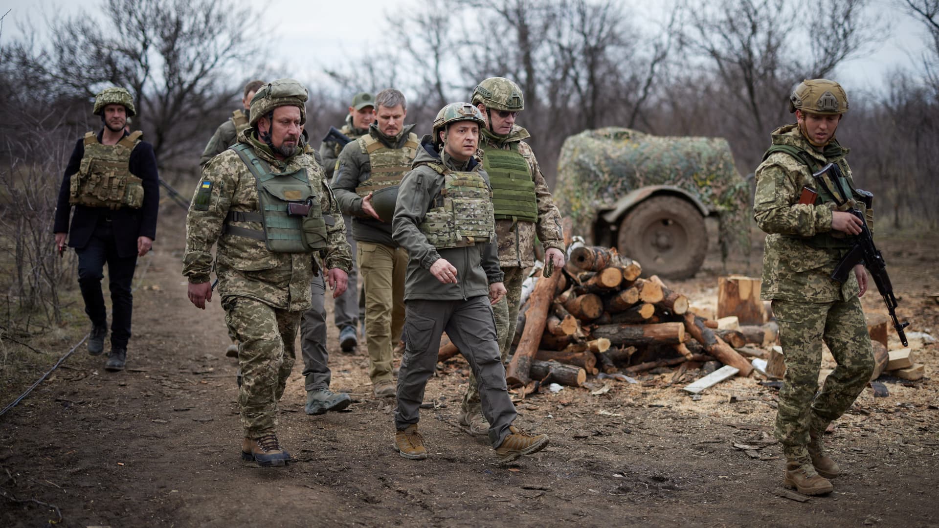 Ukraine's President Volodymyr Zelenskiy visits positions of armed forces near the frontline with Russian-backed separatists during his working trip in Donbass region, Ukraine April 8, 2021.