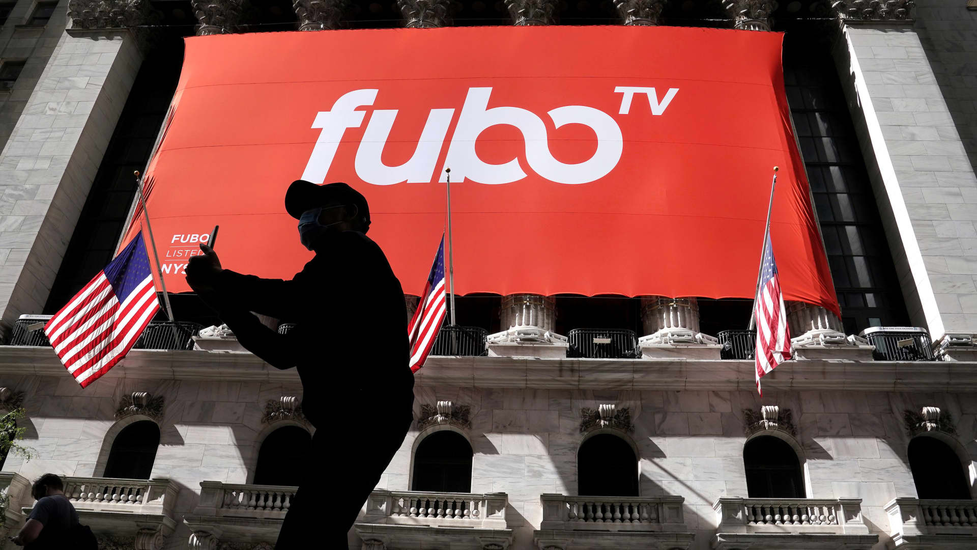 The fuboTV logo is hung from the New York Stock Exchange on the day of its IPO in the Manhattan borough of New York City, New York, U.S., October 8, 2020.