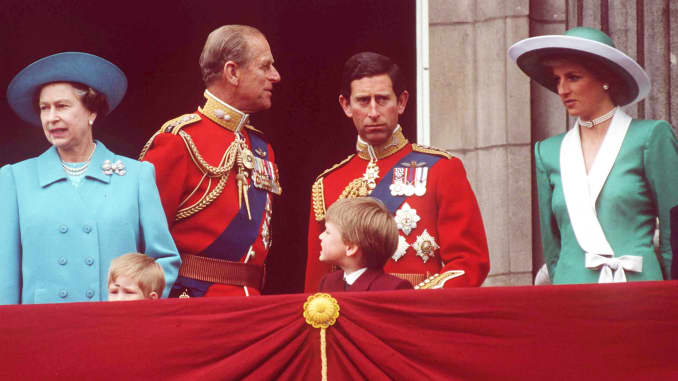 Queen, Prince Philip, Prince Charles And Princess Diana At Buckingham Palace For Trooping The Colour. In Front Prince Harry And Prince William.