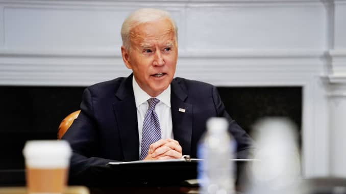 U.S. President Joe Biden joins a CEO Summit on Semiconductor and Supply Chain Resilience via video conference from the Roosevelt Room at the White House on April 12, 2021 in Washington, DC.
