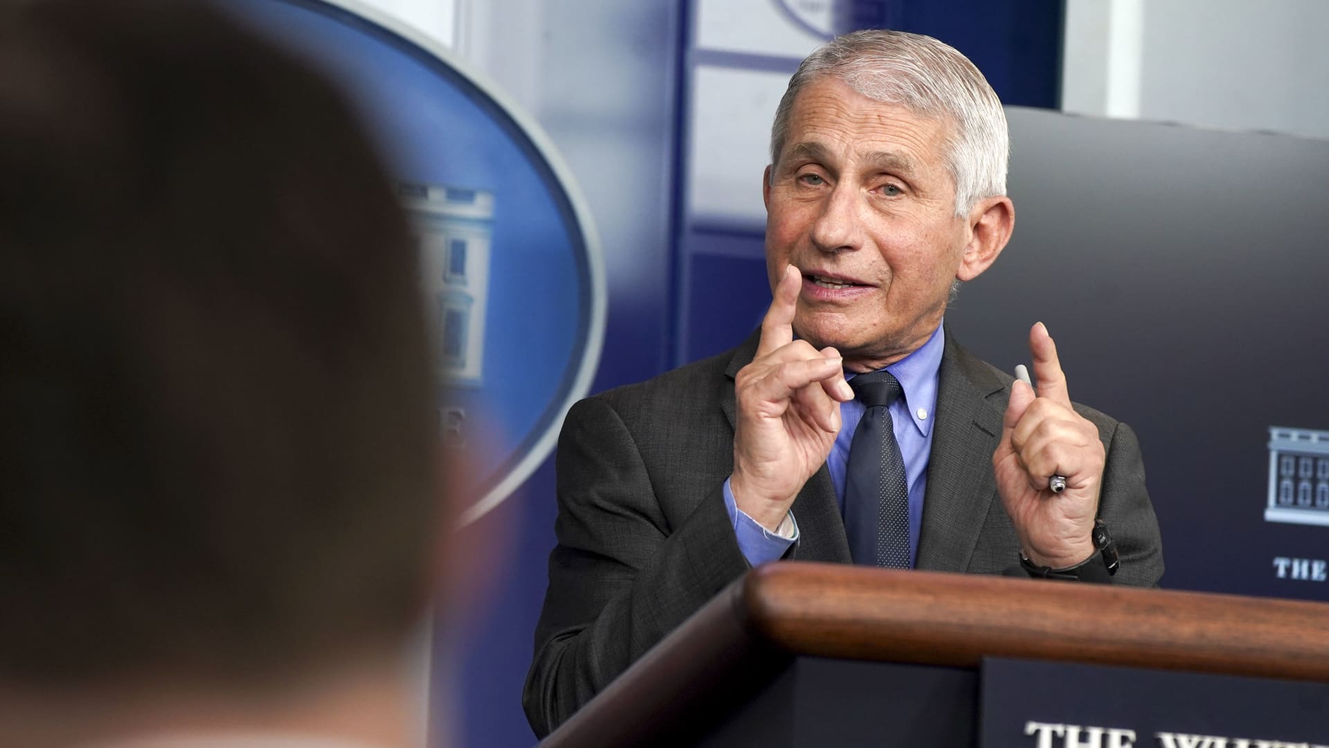 Anthony Fauci, director of the National Institute of Allergy and Infectious Diseases, speaks during a news conference in the James S. Brady Press Briefing Room at the White House in Washington, D.C., U.S., on Tuesday, April 13, 2021.