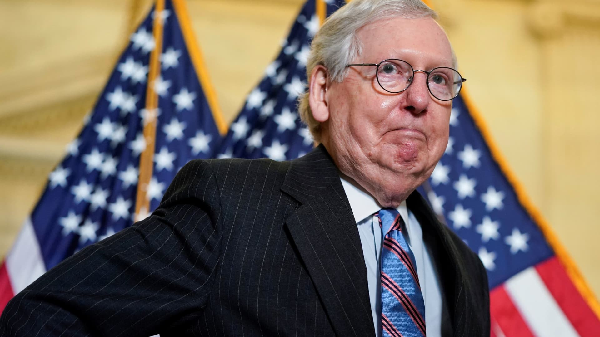 Senate Minority Leader Mitch McConnell (R-KY) arrives to speak after the Republican caucus policy luncheon on Capitol Hill in Washington, April 13, 2021.